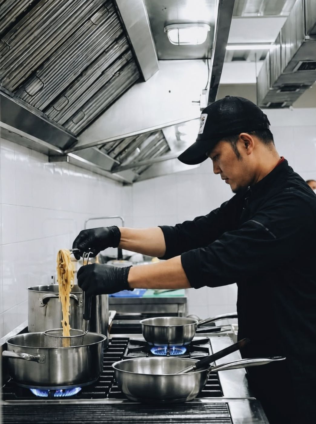 Chef Wellgrow memasak pasta di dapur
